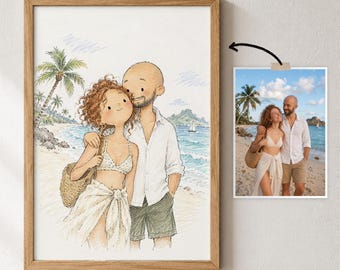 Couple Holiday Portrait from Photo, Personalized Newlyweds Pencil Art, Home Wall Decor, Family Pencil Sketch