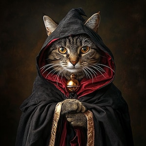May include: A brown tabby cat wearing a black hooded cloak with a deep red lining and gold trim. The cat has amber eyes and is holding a small, shiny gold bell pendant at the center of its chest, positioned just below the hood opening.