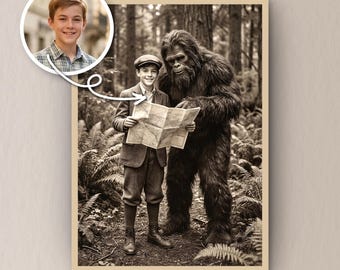 Personalized Sasquatch Portrait, Custom Bigfoot Photo Edit, Add Your Photo to Funny Vintage Forest Scene, Digital Gift for Him or Dad