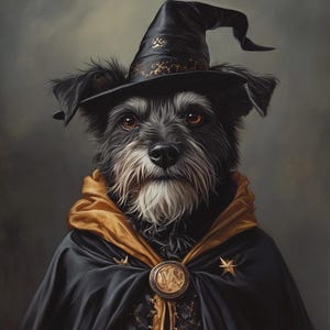 May include: A black and gray terrier-type dog wearing a pointed black witch hat with a gold paw print and a gold band. The dog is dressed in a black cloak with a gold lining, featuring a large circular gold clasp and two gold star-shaped accents.