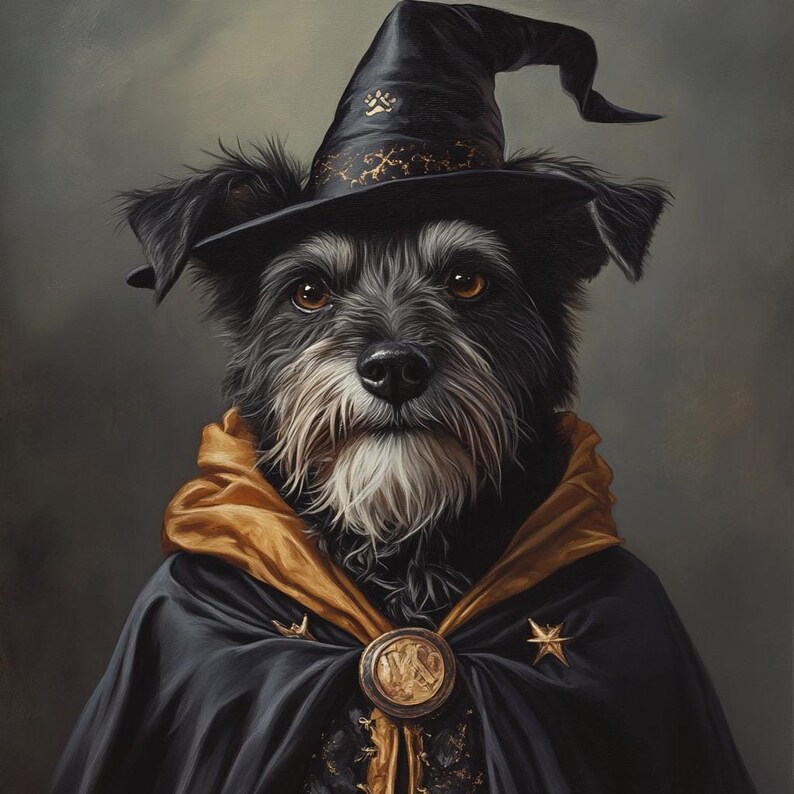 May include: A black and gray terrier-type dog wearing a pointed black witch hat with a gold paw print and a gold band. The dog is dressed in a black cloak with a gold lining, featuring a large circular gold clasp and two gold star-shaped accents.
