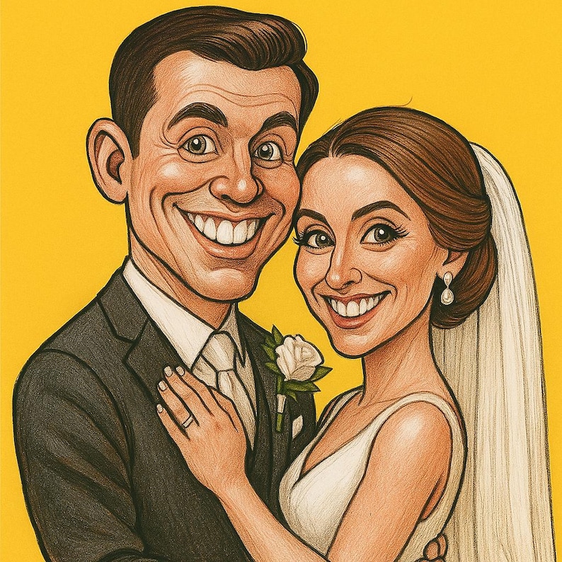 Pu&ograve; includere: Illustrazione a cartoni animati di una coppia sorridente su sfondo giallo. L'uomo indossa un abito nero, camicia bianca, cravatta e un fiore all'occhiello a forma di rosa. La donna indossa un abito da sposa bianco, velo e orecchino di perla. Un anello &egrave; visibile.