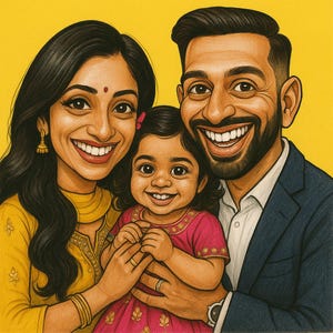 Pu&ograve; includere: Illustrazione digitale di una famiglia sorridente di tre persone su sfondo giallo. La madre indossa un abito giallo e orecchini d'oro. Il padre indossa un abito blu navy. La bambina indossa un vestito rosa. Tutti e tre sorridono.