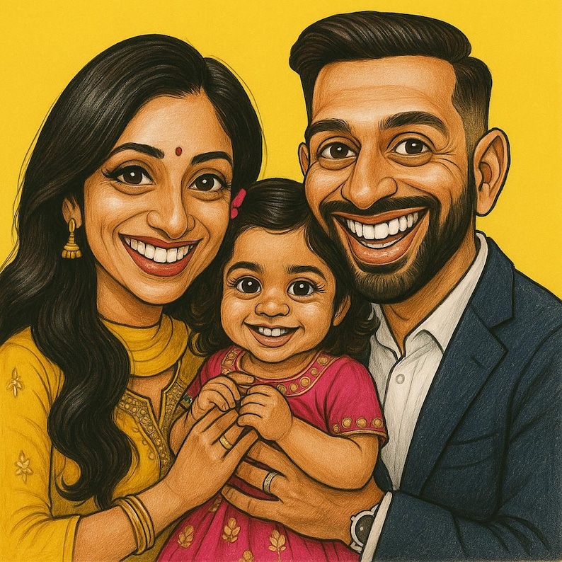 Pu&ograve; includere: Illustrazione digitale di una famiglia sorridente di tre persone su sfondo giallo. La madre indossa un abito giallo e orecchini d'oro. Il padre indossa un abito blu navy. La bambina indossa un vestito rosa. Tutti e tre sorridono.