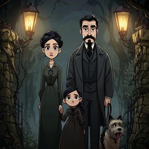 May include: A cartoon-style illustration of a family of three standing between two stone pillars with lit lanterns. The group includes a person in a dark green dress, a person in a dark suit, a child in a dark dress, and a small, scruffy dog on a leash.