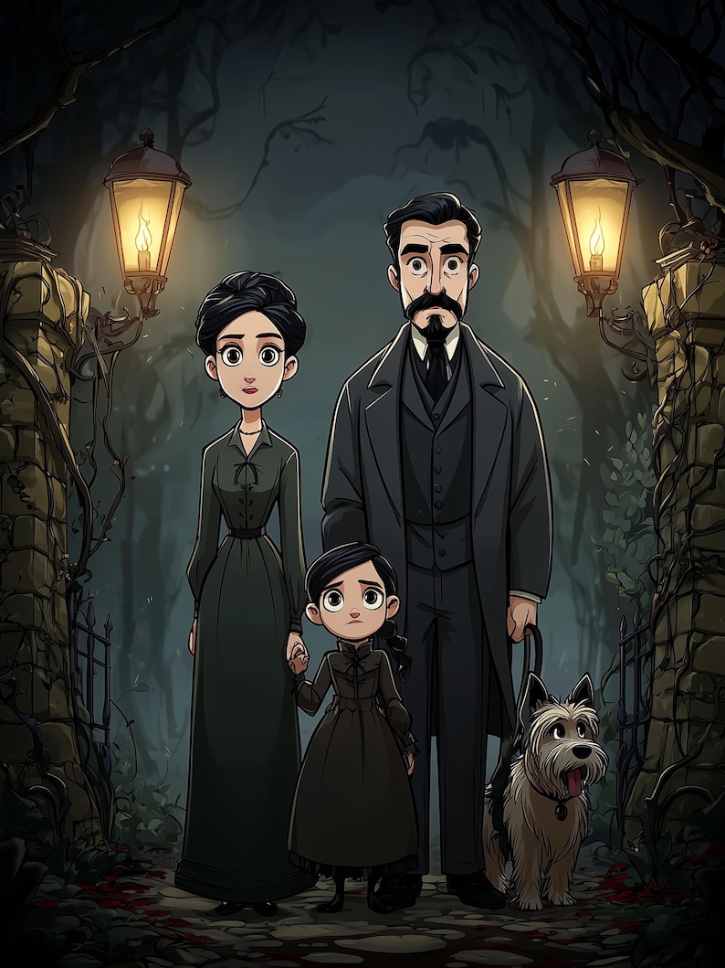 May include: A cartoon-style illustration of a family of three standing between two stone pillars with lit lanterns. The group includes a person in a dark green dress, a person in a dark suit, a child in a dark dress, and a small, scruffy dog on a leash.