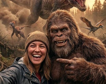 Personalized Portrait with Bigfoot, Sasquatch Digital Art, Custom Cryptid Wall Art, Funny Photo Gift for Her