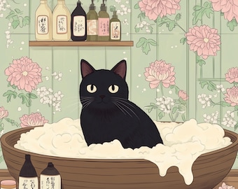 Custom Japandi Pet Portrait, Funny Pet Bath or Toilet Scene,Japanese Black Cat Portrait, Pet Portrait from Photo, Cat Mom Gift