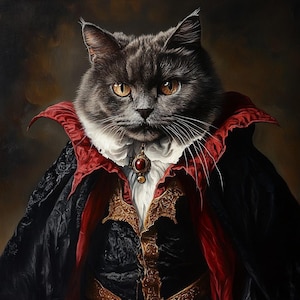 May include: A portrait of a grey cat wearing a black cape with a high red collar, a white ruffled cravat, and a gold pendant featuring a dark red gemstone. The cat has amber eyes and is dressed in a black vest with intricate gold embroidery.