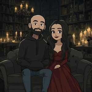 May include: A digital illustration of two people sitting on a dark sofa. One person has a shaved head, a beard, and wears a black hoodie with blue jeans. The other person has long dark hair and wears a long, dark red dress with a sweetheart neckline.