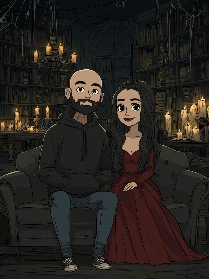 May include: A digital illustration of two people sitting on a dark sofa. One person has a shaved head, a beard, and wears a black hoodie with blue jeans. The other person has long dark hair and wears a long, dark red dress with a sweetheart neckline.
