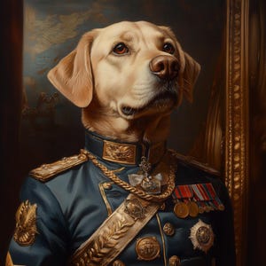 Può includere: Un ritratto regale di un Labrador Retriever dorato con un'uniforme militare blu navy ornata di decorazioni dorate, medaglie e una fascia decorativa. L'espressione del cane è nobile, sullo sfondo di una mappa e di una cornice ornata.