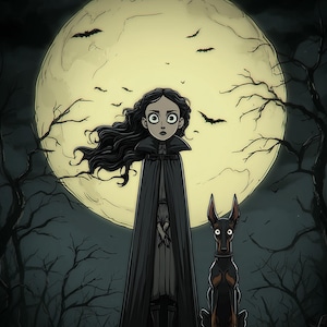 May include: A digital illustration featuring a person with long dark hair wearing a black cape, standing next to a black and tan Doberman dog. The scene is set against a large, pale yellow full moon with silhouettes of bats and bare trees.