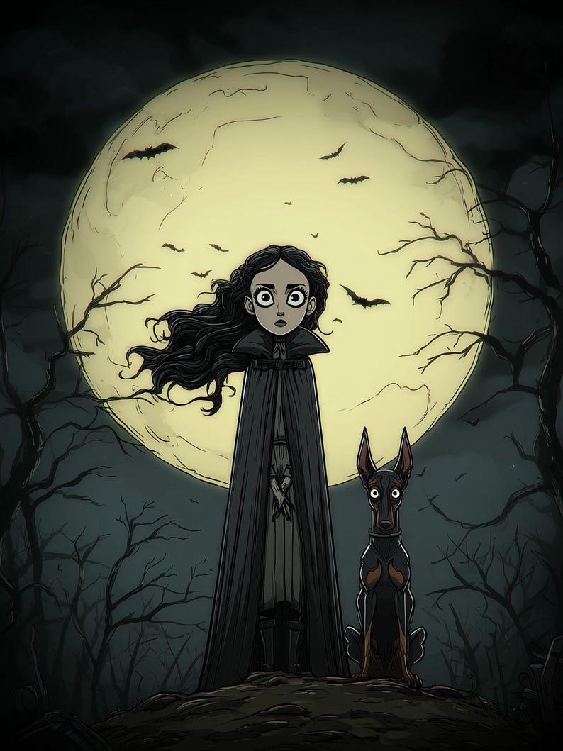 May include: A digital illustration featuring a person with long dark hair wearing a black cape, standing next to a black and tan Doberman dog. The scene is set against a large, pale yellow full moon with silhouettes of bats and bare trees.