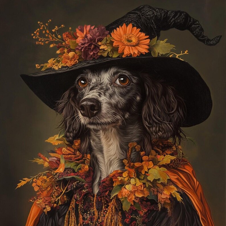 Fantasy Pet Portrait, Autumn Helloween Portrait, Fall Style Dog Portrait, Mystical Wizard Pet Print, Wall Decor, Gift for Halloween