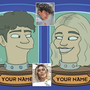 Retrato personalizado de Futurama, retrato familiar de dibujos animados de Futurama, retrato digital de una cabeza en un frasco, regalo de Futurama para amigos, regalo de retrato familiar