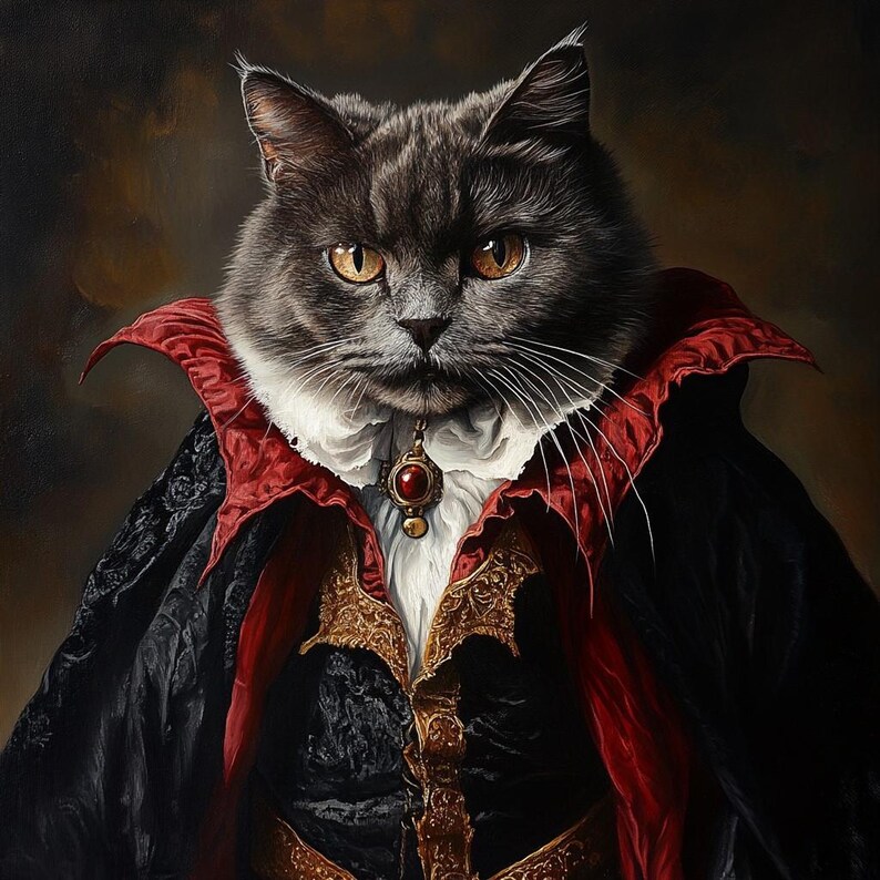 May include: A portrait of a grey cat wearing a black cape with a high red collar, a white ruffled cravat, and a gold pendant featuring a dark red gemstone. The cat has amber eyes and is dressed in a black vest with intricate gold embroidery.