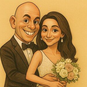 Pu&ograve; includere: Illustrazione digitale di una coppia sorridente su sfondo giallo chiaro. L'uomo indossa uno smoking nero con papillon. La donna indossa un abito bianco e tiene in mano un bouquet di fiori. L'opera &egrave; in stile cartone animato.