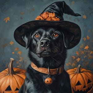May include: A black dog wearing a pointed black witch hat adorned with orange autumn leaves. The dog has a tan leather collar with a small, round, orange jack-o'-lantern charm. Two large orange carved pumpkins sit on either side of the dog.