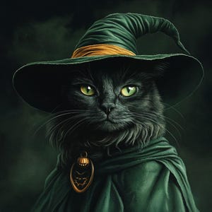 May include: A black cat wearing a green witch's hat with an orange band and a green cape. The cat has a gold pendant with a pumpkin design around its neck.