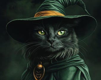 Halloween Cat Portrait from Photo,Personalized Cat in the Hat Wall Art, Pet Lovers Gift, Custom Cat Painting