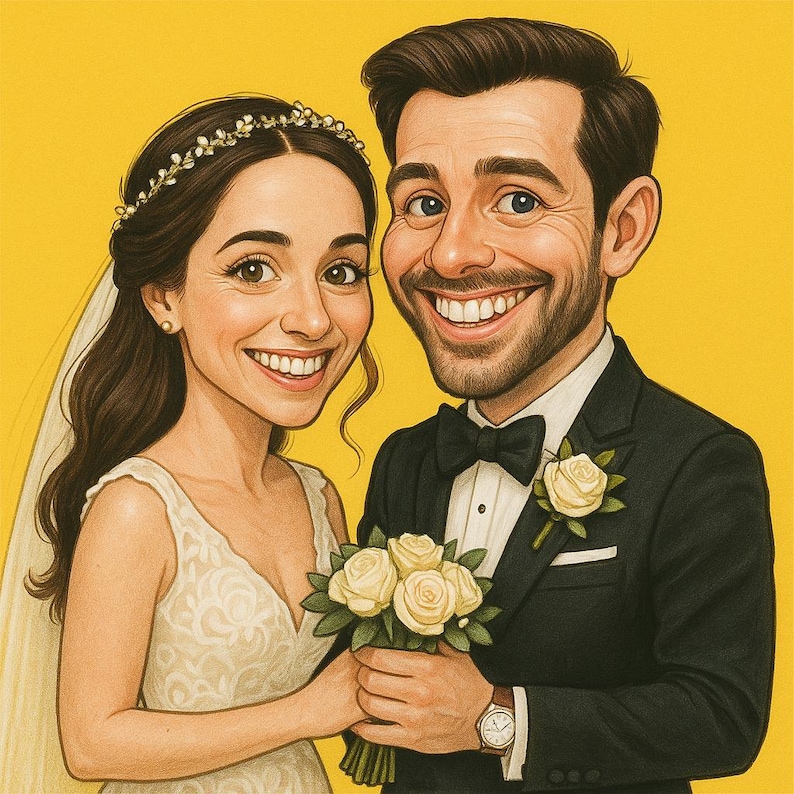Pu&ograve; includere: Illustrazione a cartoni animati di una coppia sorridente su sfondo giallo. La donna indossa un abito da sposa bianco, un velo e un copricapo floreale. L'uomo indossa uno smoking nero con papillon e boutonniere di rose. Tengono in mano un bouquet di rose bianche.
