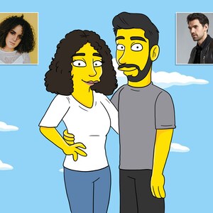 May include: A cartoon illustration of a couple, a woman with curly brown hair wearing a white t-shirt and blue jeans, and a man with black hair wearing a gray t-shirt and black pants. The couple is standing in front of a blue sky with white clouds.