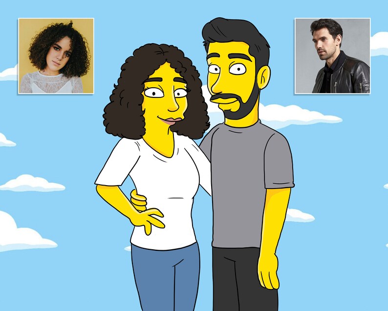 May include: A cartoon illustration of a couple, a woman with curly brown hair wearing a white t-shirt and blue jeans, and a man with black hair wearing a gray t-shirt and black pants. The couple is standing in front of a blue sky with white clouds.