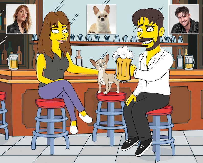 May include: A cartoon illustration of two people sitting at a bar with a dog. The woman is wearing a black tank top and purple pants. The man is wearing a white shirt and black pants. The dog is sitting on a stool next to the man. The man is holding a glass of beer. The bar is brown and has a wooden countertop. There are glasses and bottles on the counter.