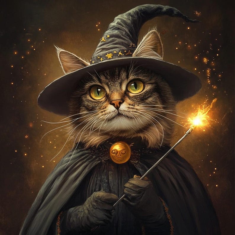May include: A brown tabby cat wearing a dark pointed wizard hat with gold star accents and a black cape fastened with a round gold brooch. The cat holds a thin wand emitting a bright yellow spark against a dark, glowing, and textured background.