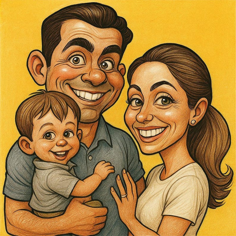 Pu&ograve; includere: Un'illustrazione a cartoni animati di una famiglia di tre persone con tratti esagerati. Il padre tiene in braccio un bambino piccolo e la madre &egrave; accanto a loro. Tutti e tre sorridono su uno sfondo giallo. La famiglia indossa abiti casual.