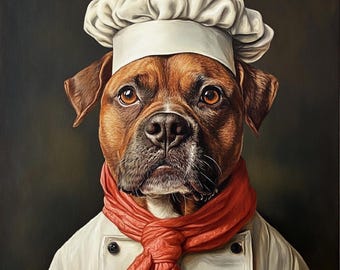 Dog Chef Portrait, Funny Kitchen Wall Art Decor, Baker Bulldog, Humorous Dog Prints, Dog Cooking ART, Personalized Gifts For Dog Owner
