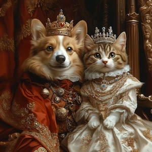 King Queen Regal Pet Portrait, Renaissance Artwork, Royal Portrait, Dog Portrait, Pet Lovers Gift, Royal Cat Portrait, Royal Pet Portrait