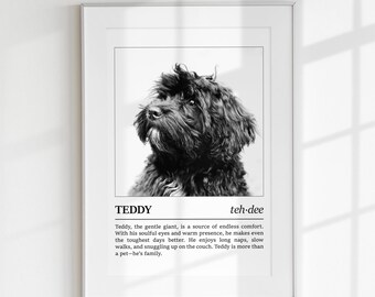 May include: Black and white framed print featuring a fluffy black dog named Teddy. The print includes the name "TEDDY" and a description of the dog's gentle nature and comforting presence.