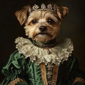 May include: A regal portrait of a small dog wearing a jeweled crown and a green satin dress with a lace collar. The dog has brown eyes and a serious expression, set against a dark background. The image evokes a sense of nobility and elegance.