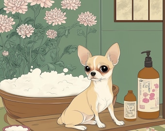 Custom Chihuahua Portrait from Photo, Funny Dog in Bathtub Poster, Japanese Pet Art, Custom Dog Painting, Dog Mom Gift, French Bulldog Gift