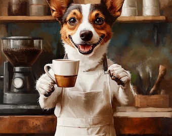 Custom Portrait Dog with Coffee, Funny Kitchen Wall Art, Dog Cafe, Pet Owner Gift, Personalized Dog Poster, Home Decor, Pet Photo Artwork
