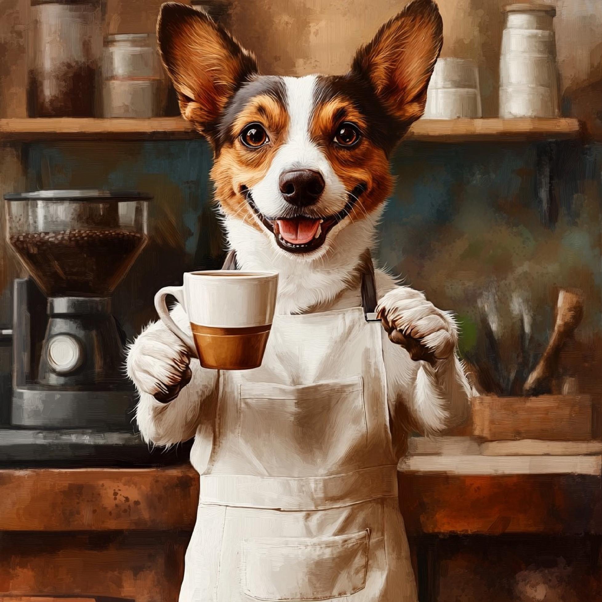Custom Portrait Dog With Coffee, Funny Kitchen Wall Art, Dog Cafe