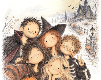 Custom Pencil Portrait from Photo, Family & Pet Drawing, Couple Soft Sketch Art, Personalized Halloween Gift