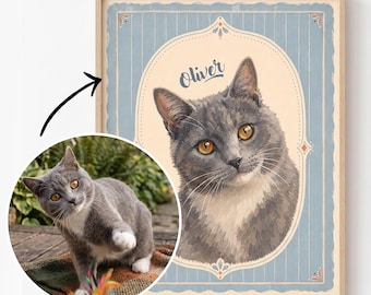 Custom Framed Pet Portrait from Photo, Cat Lover Gift, Personalized Animal Drawing 12 Frame Options