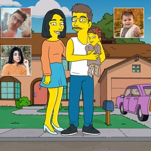 May include: A cartoon illustration of a family of three standing in front of a yellow house. The father is holding a baby girl in his arms. The mother is standing next to him. The house has a pink door and a purple car parked in the driveway.