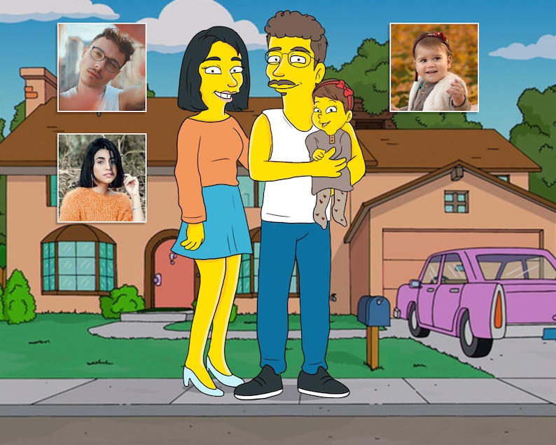 May include: A cartoon illustration of a family of three standing in front of a yellow house. The father is holding a baby girl in his arms. The mother is standing next to him. The house has a pink door and a purple car parked in the driveway.