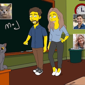 May include: A cartoon illustration of a couple standing in front of a chalkboard with the equation "m+j" written on it. The man is wearing a blue shirt and brown pants. The woman is wearing a blue shirt, black pants, and yellow shoes. There is a gray cat sitting on a wooden table in the foreground.