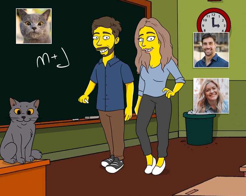 May include: A cartoon illustration of a couple standing in front of a chalkboard with the equation "m+j" written on it. The man is wearing a blue shirt and brown pants. The woman is wearing a blue shirt, black pants, and yellow shoes. There is a gray cat sitting on a wooden table in the foreground.