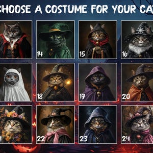 May include: A grid of twelve cat portraits labeled 13 through 24, each featuring a cat in a different Halloween costume, including witches, wizards, and ghosts. The text CHOOSE A COSTUME FOR YOUR CAT is displayed at the top of the image.