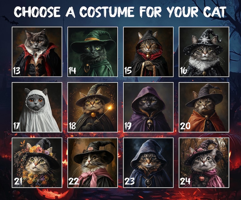 May include: A grid of twelve cat portraits labeled 13 through 24, each featuring a cat in a different Halloween costume, including witches, wizards, and ghosts. The text CHOOSE A COSTUME FOR YOUR CAT is displayed at the top of the image.
