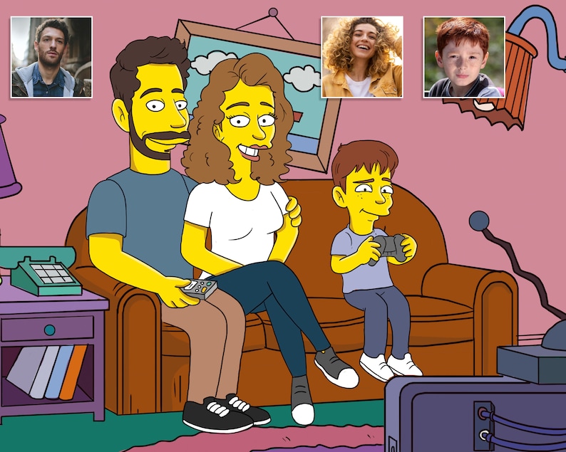 May include: A yellow cartoon family of three sitting on a brown couch in a living room. The father is holding a remote control, the mother is sitting next to him, and the son is playing a video game. The room has a pink wall, a lamp, and a television.
