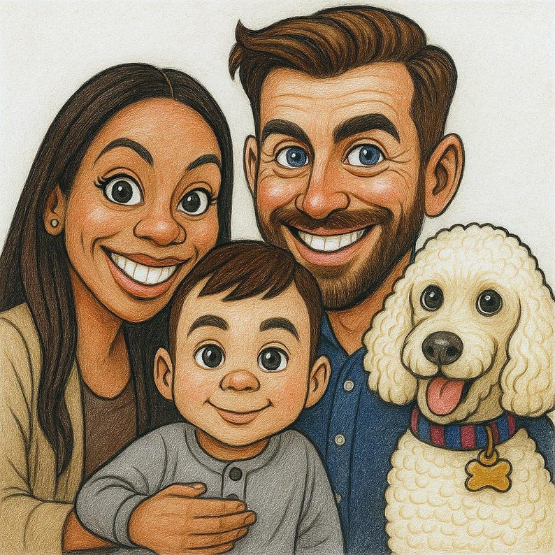 Pu&ograve; includere: Un'illustrazione digitale di una famiglia di quattro persone, tra cui una donna sorridente, un uomo con la barba, un bambino piccolo e un barboncino bianco. La famiglia sorride e il cane indossa un collare con un'etichetta a forma di osso.