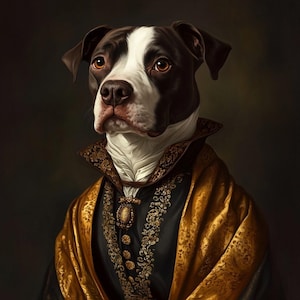 May include: A regal portrait of a dog, featuring a black and white coat with brown eyes. The dog is dressed in a black and gold embroidered garment with a gold shawl, reminiscent of historical attire. The background is a dark, muted tone.