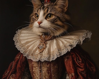 Koninklijk kattenportret van foto, op maat gemaakt koninklijk huisdierportret, renaissance huisdierkunst, gepersonaliseerd cadeau met kattenkroon